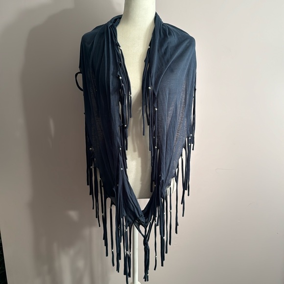 Navy blue fringe infinity endless scarf with silver beads - Picture 2 of 5